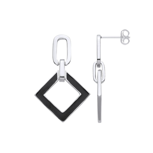 Silver Square Black Enamel Drop Earrings