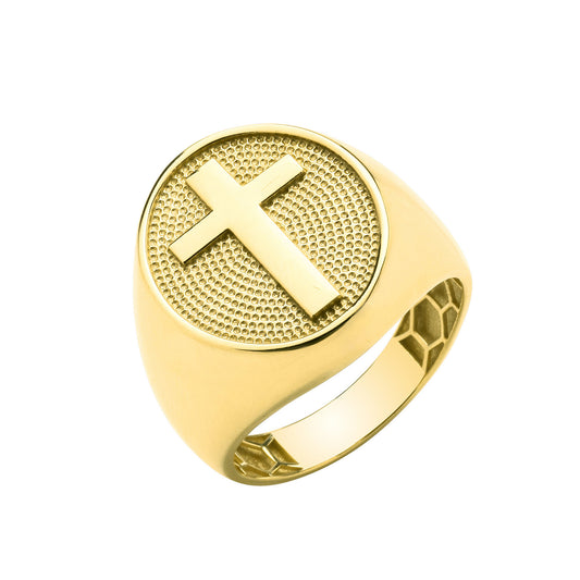 Y/G Oval Signet with Cross Gents  Ring