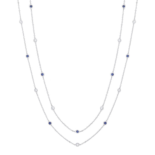 38" Silver Rubover Blue & Clear Cz's Necklace