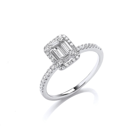 18ct White Gold 0.50ct Baguette & Brilliant Cut Diamonds Rectangle Halo Ring