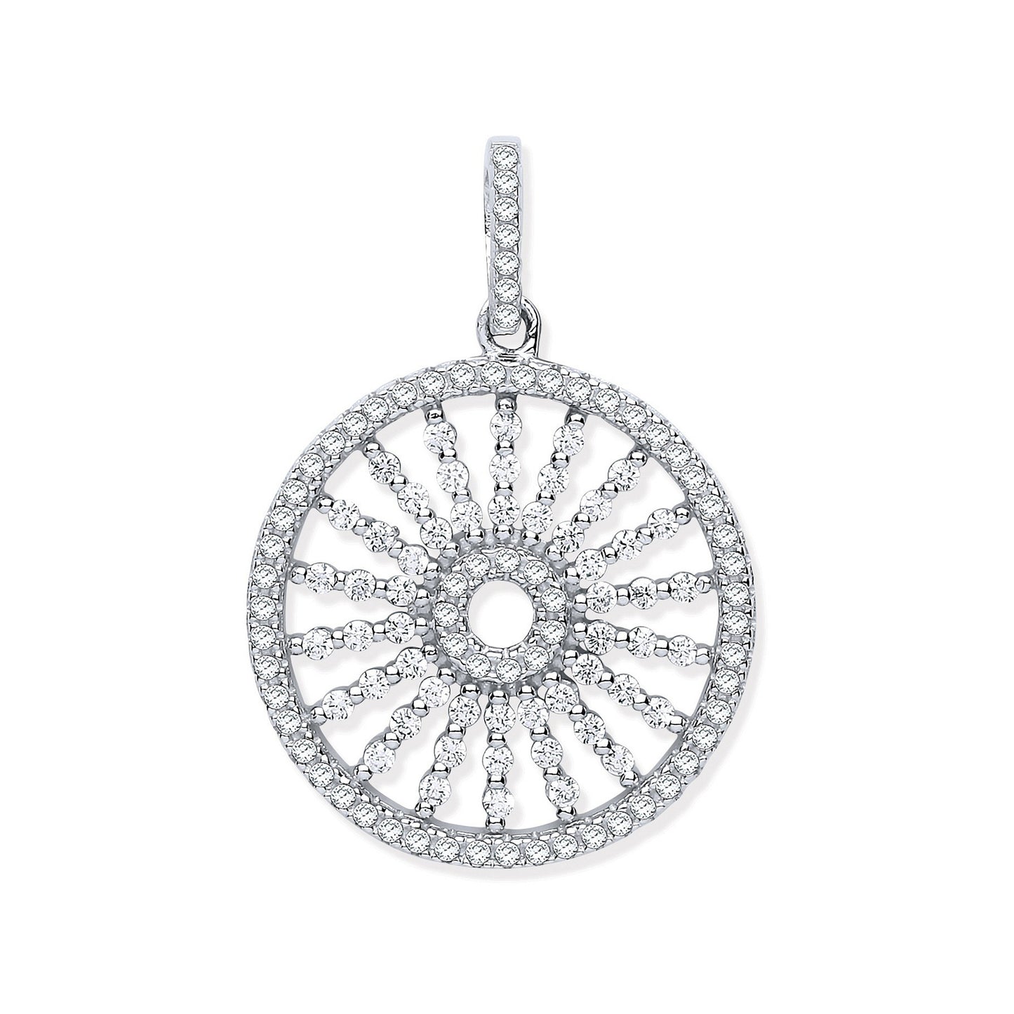 Silver Circle with Burst Lines Cz Pendant