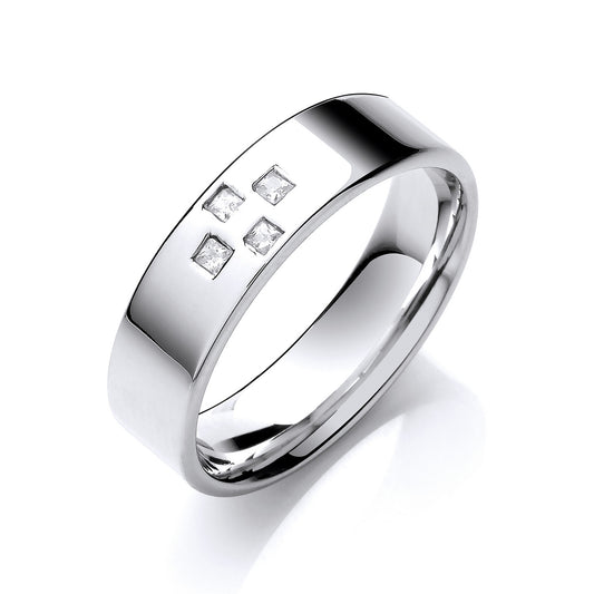 0.08ctw 4st P/C Diamond Set 6mm Flat Court Cross Style Wedding Band