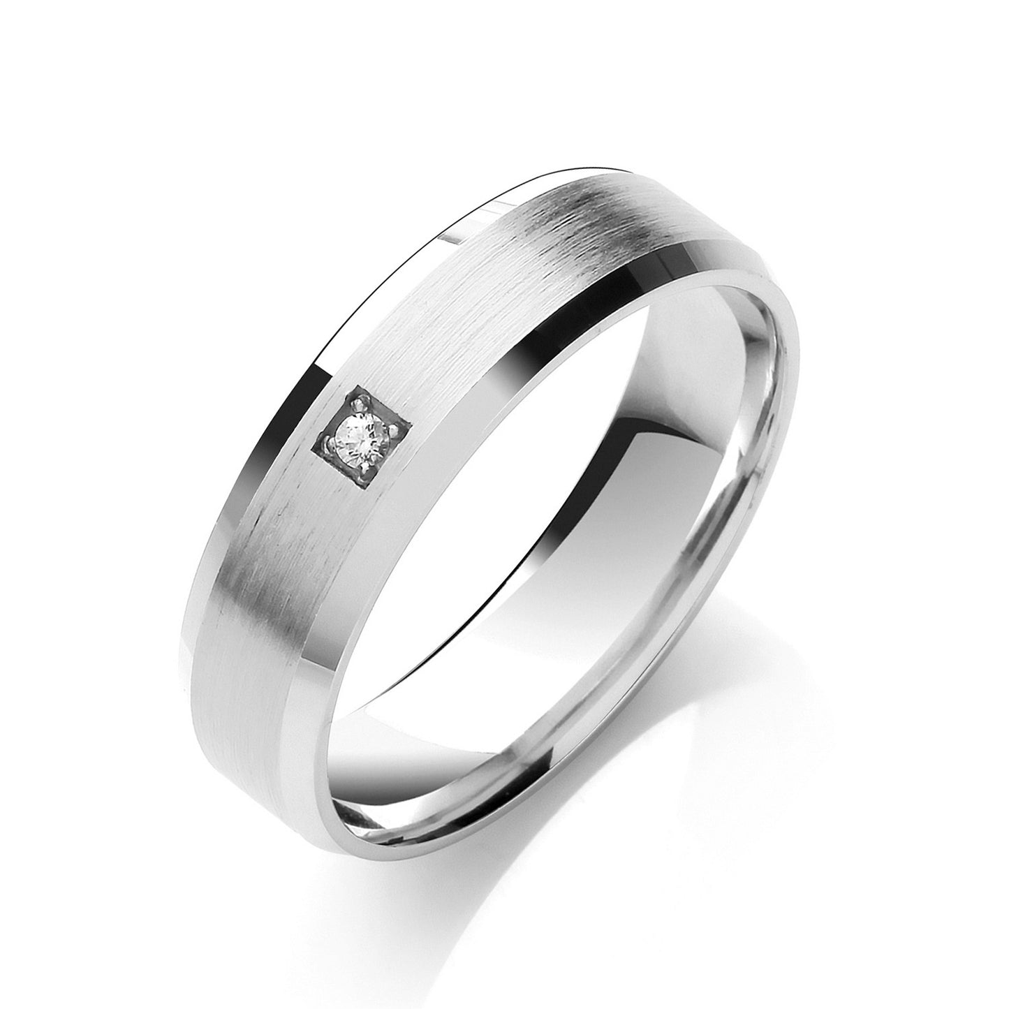 0.02ct S/S Brilliant Cut Diamond Set 6mm Flat Court Bevelled Edge Matt Centre Wedding Band