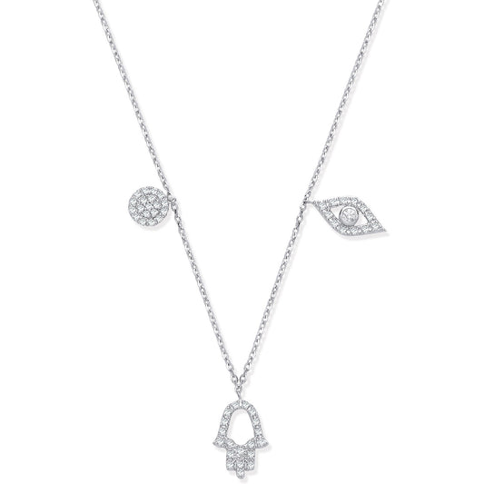 9ct White Gold 0.22ctw Evil Eye, Hamsa & Circle Pendant (18in/45cm) Chain