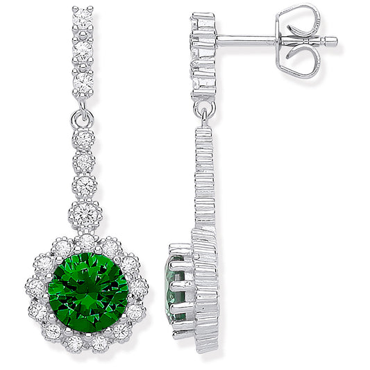 Silver Round Green CZ Long Drop Earrings