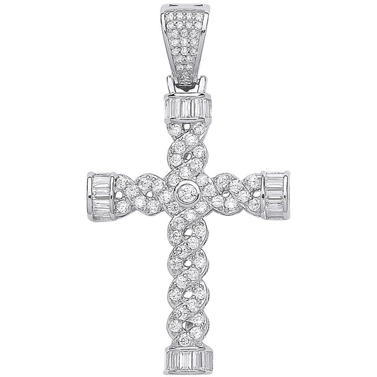 Silver Plait Style Fancy Cz Cross