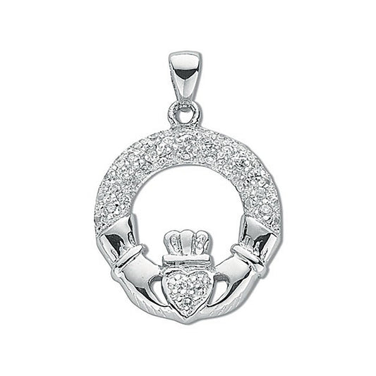 Silver Pave Set Cz Claddagh Drop Pendant